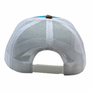 gorra de malla celeste con visera marrón atrás